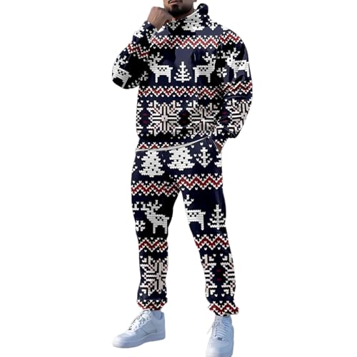 Ensemble homme sweat-shirt à capuche imprimé Noël et pantalon bleu 4XL