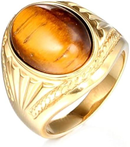 メンズ レディース ステンレススチール ナチュラル オーバル タイガーアイ ストーン リング ゴールドまたはシルバー USサイズ 7-13, 金属, タイガーアイ