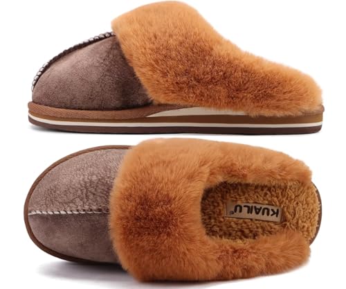 KuaiLu Zapatillas Casa Mujer Invierno Caliente Peluche Piel Cerradas Pantuflas Comoda Peludas Memory Foam Slippers Antideslizante Goma Suela Marrón 38