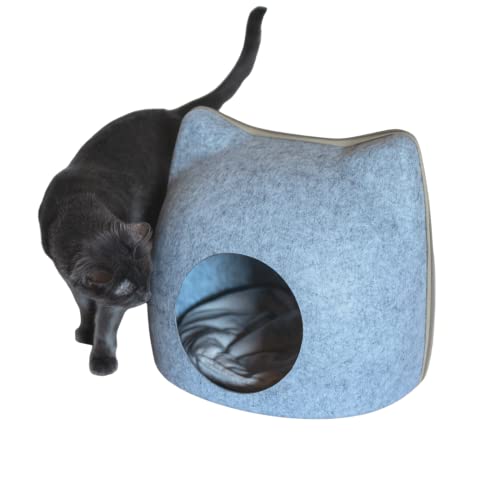 FIGARO CATS STORE - Cat Hueco caseta para gatos: nicho con forma de gato con orejas. Suave, espaciosa de fieltro rascador (gris claro) Cover