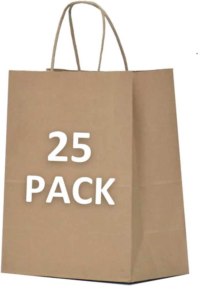 Qutuus Kraft Gift Bags Large with Handles 25 Pcs 10x5x13 inch Brown Gift Bags, Kraft Paper Bags for Shopping Reusable Grocery Bag