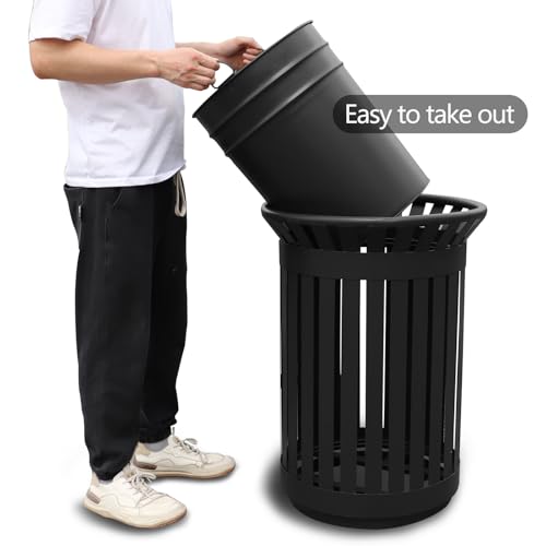 Image of Outdoor Metal Slatted Trash Receptacle,Waste Receptacle，Commercial Trash Cans,Zone Round Garbage Bin,Square Hotel Street Patio Indoor Metal Stan (Big-Black)