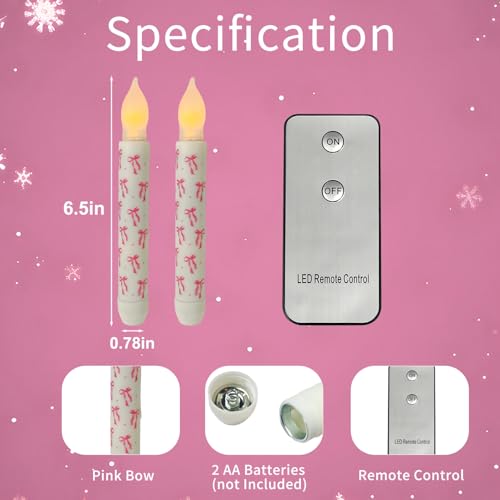 ONEIHOMM バレンタインデー フレームレス テーパーキャンドル ピンクのリボン付き 6.5インチ LEDキャンドル リモコン付き 2個パック ちらつき電池式キャンドルスティック プロポーズ 結婚記念日 ロマンチックな夜