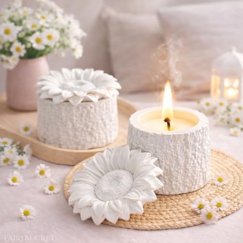 Image of Handmade Aesthetic Scented Candle with Reusable Concrete Jar & Floral Lid | Soy Wax Blend | Vanilla Aromatherapy Candle | 10+ Hours Clean Burn | Decorative Candles, Gifts (Sunflower Jar)