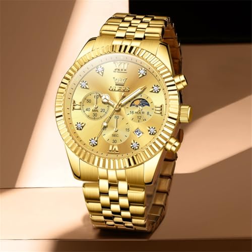 Image of OLEVS Mens Watches Chronograph Luxury Dress Moon Phase Quartz Stainless Steel Waterproof Luminous Business Calendar Wrist Watch