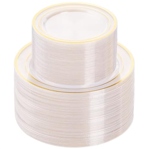 BESTVIP 200PCS Clear Gold Plastic Plate Disposable Party Plates with 100 Dinner and 100 Dessert Plates Plastic Plate for Party Wedding and Birthday