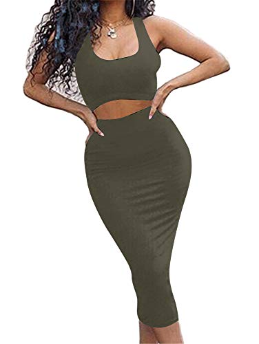 GOBLES Women's Sexy Summer Outfits Bodycon Tank Top Midi Skirt 2 Piece Dress Olive