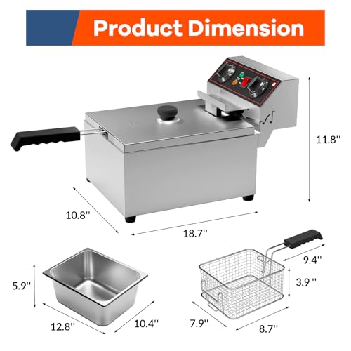 10.6QT Electric Deep Fryer, 10L Stainless Steel Commercial Fryer, Countertop Kitchen Frying Machine w/Temperature Control, French Fries Donuts