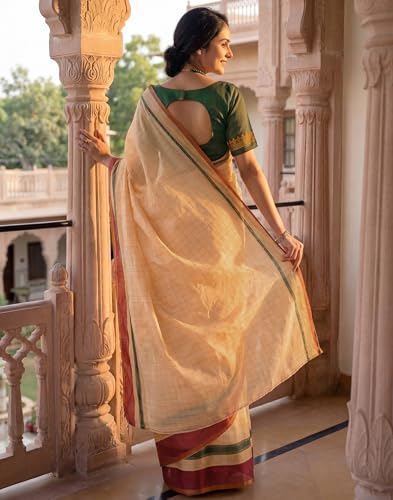 Image of SIRIL Women's Cotton Linen Printed, Zari Border One Minute Ready To Wear Saree With Unstitched Blouse Piece