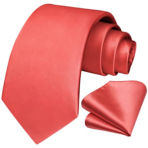 HISDERN Mens Ties Set Solid Coral Silk Necktie & Handkerchief Formal Wedding Tie and Pocket Square Classic Satin Necktie for Business Party