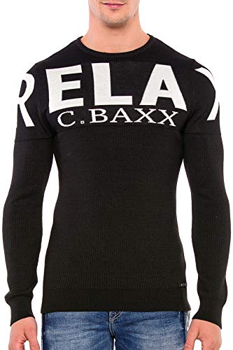 Cipo & Baxx Jersey de punto acanalado para hombre con logotipo de manga larga y cuello redondo Negro M Cover