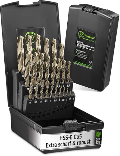Pinava® Metallbohrer Set HSS Cobalt Pro [Extra Scharf & Robust] 25tlg. Profi Bohrer für Edelstahl, Stahl, Eisen etc. - Präzise Edelstahlbohrer selbstzentrierend, 1-13mm, 0.5mm Schritte