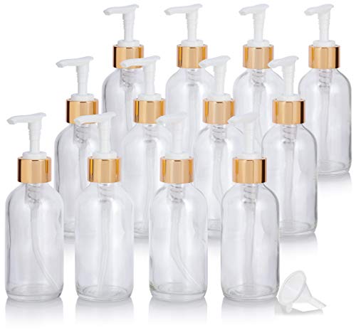 JUVITUS 4 oz Clear Boston Round Thick Plated Glass Bottle with Gold Lotion Pump (12 Pack) + Funnel - Perfect for Home Decor, Kitchen, Bathroom, Guest, Essential Oils, DIY, Wedding/Shower Gifts