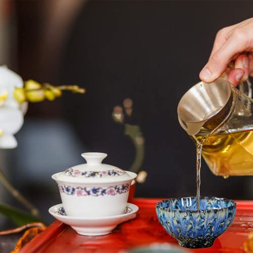 Cmengao Colorful Tenmokus Tea Cup | 4 Oz, Handmade Asian Jianzhan Teacup Ceramic Kungfu Tea Cups, Lotus Tea Cup, Chinese Dragon Tea Set,Silver Fish Tea Cup (Blue Dragon) #TOP3