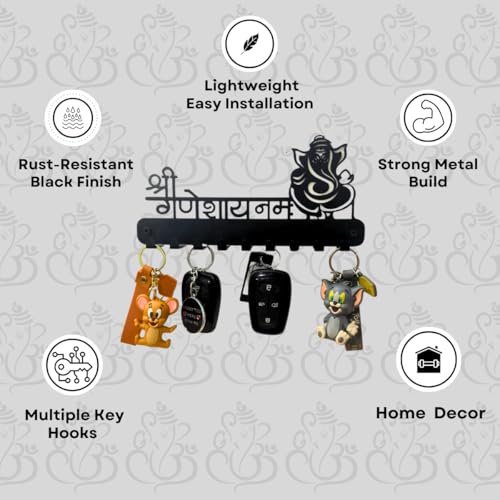 Image of Metal Key Holder for Wall with Beautiful Ganesh Design Art, 9 Hooks, Black Matte, Pre-Drilled Holes, Decorative Key Stand & Organizer