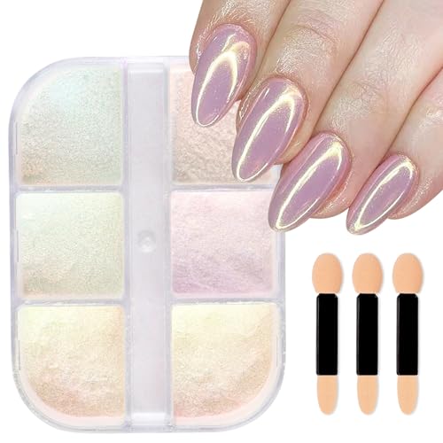 6 Colors Unicorn Chrome Nail Powder Kit Clear Aurora Mermaid Mirror Effect Iridescent Pearl Pigment Chrome Powder for Gel Nails Polish Design with 3 Tools