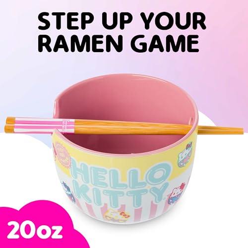 Image of Silver Buffalo Sanrio Hello Kitty Pastel Colored Ceramic Ramen Noodle Rice Bowl with Chopsticks, Microwave Safe, 20 Ounces