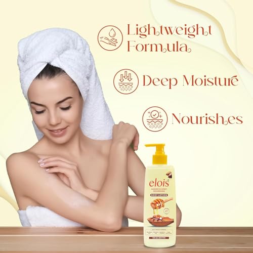 Image of Elois Honey Almond Body Lotion Deep Moisturizer for Women Extremely Dry Rough Skin All Season Hydration for Daily Use Moisturizing & Brightening Non Sticky Paraben Free - 300ml