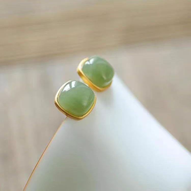 18K Gold Plated Green Jade Stud Earrings – Minimalist Square Natural Stone Earrings for Women - Image 2