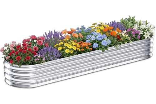 Image of Galvanized Raised Garden Bed Outdoor, 8x2x1ft Metal Heavy Duty Planter Boxes for Gardening, Easy Assemble Small Oval Plant Container Kit for Vegetables, Flowers, Fruits, Silver, 1 Pack
