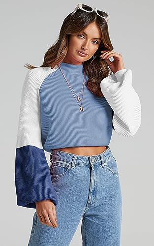 ZAFUL Women's Mock Neck Color Block Sweaters Knitted Pullover Jumper Tops Casual Lantern Sleeve Cropped Sweater3