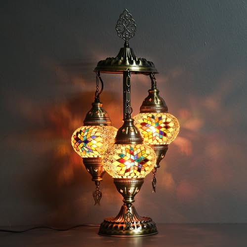 Asylove Turkish Lamp, 3 Globe Turkish Mosaic Table Lamp, Living Room and Office Decoration Lighting 5 inc Globe Total Dimesions 12 x 12 x 24 inch (Yellow Mix)
