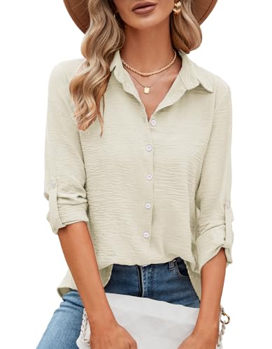 Odosalii Womens Business Casual Blouse Button Down Shirt,Spring Fall Beige
