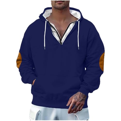 Mens Zip Up Hooded Sweatshirts Fashion Long Sleeve Elbow Patchwork Hoodies Fall Winter Fleece Lined Pullovers