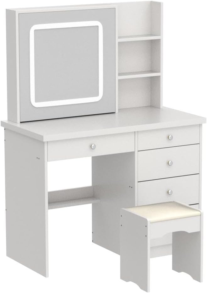Large Vanity Table Set Makeup Vanity Dressing Table with Mirror, 5 Drawers & Shelves, Dresser Desk and Cushioned Stool Set (White Lighted Mirror)