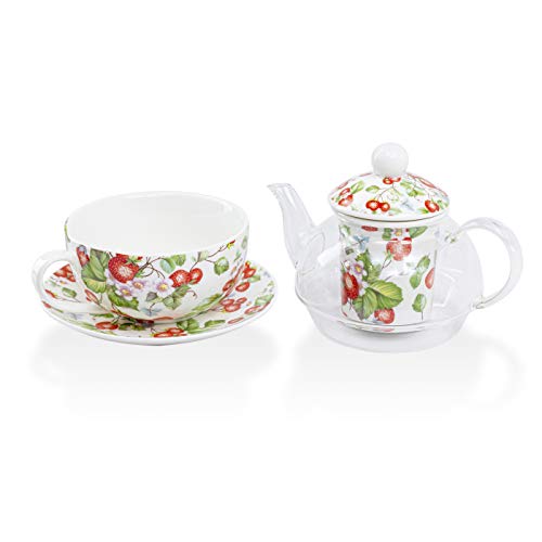 Grace Teaware 5-Piece Glass Porcelain 13-Ounce Tea For One With Infuser (Floral Strawberry Field) #TOP1
