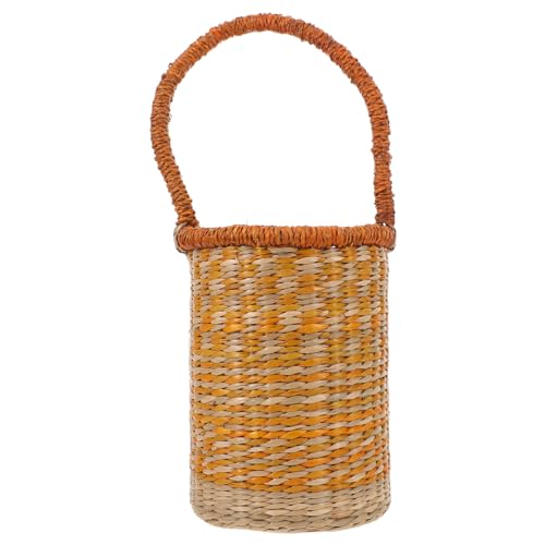 NUOBESTY Hand-Woven Seagrass Storage Basket Handles, Tall Cylinder Wine Carrier Basket for Home and Holiday Celebrations, Orange Color Multifunctional Bottle Storage