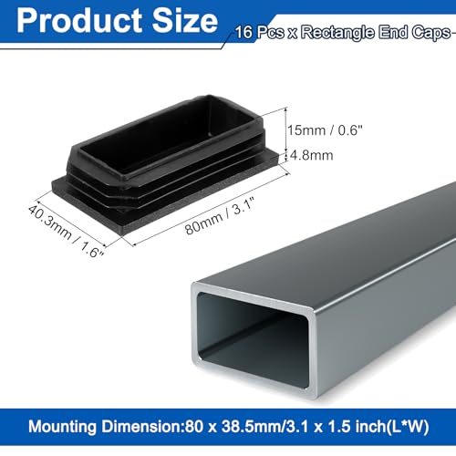 Image of uxcell 16 Pcs Rectangle Tubing End Caps 3 1 /8 x 1 19 /32 Inch Plastic Hole Plugs Insert End Cap for Metal Tubing Post Chair Leg Table Bookshelves Furniture, Black