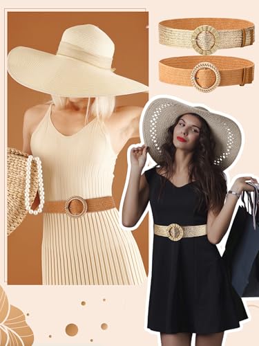 Image of WILLBOND 4 Pcs Women's Elastic Raffia Woven Belt, Boho Rattan Buckle Stretch Straw Wide Waist Belt for Dresses Jeans Pants