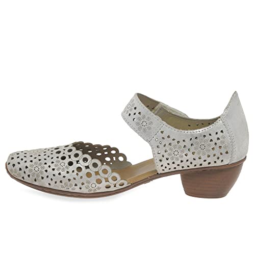 Rieker 43753 Mirjam Women's Mary Jane Heels - Low-Heel Leather Shoes with Adjustable Ankle Strap & Laser-Cut Design - Comfortable Women’s Heels for Casual & Dressy Wear Silver 5-5.5 M US4