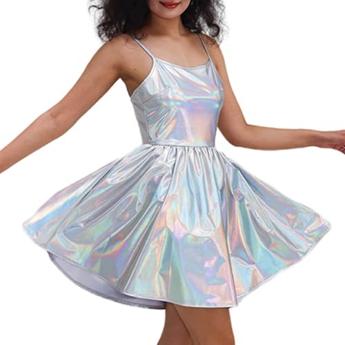 Generisch Vestido metálico con purpurina para mujer, sin mangas, aspecto mojado, vestido de fiesta, metálico, brillante, minivestido holográfico monocromático con tirantes delgados, para carnaval