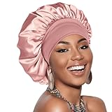 Adubor Silk Bonnet for Sleeping Women Men - Larger Double Layer Satin Bonnet - Non-Slip Silk Turban - Hair Bonnets for Sleeping - Sleep Cap for Curly Hair (Pink)