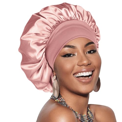 Adubor Silk Bonnet for Sleeping Women Men - Larger Double Layer Satin Bonnet - Non-Slip Silk Turban - Hair Bonnets for Sleeping - Sleep Cap for Curly Hair (Pink)