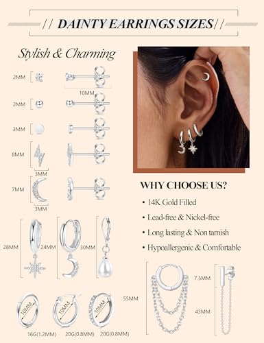 FASACCO 12Pairs Gold Hoop Earrings for Women 14K Gold Plated Cartilage Earring Sets for Multiple Piercing Hypoallergenic Stainless Steel Earrings Dainty Earring Stack Small Hoop Stud Earrings3
