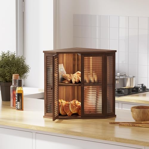 Aycarzcy Corner bread box Bread Box for Kitchen Countertop - Corner Bread Storage Box 16.51" H, Premium Wood with Glass Door, Perfect for Homemade Bread, Baguettes & Pastries (Acacia brown) — view 6