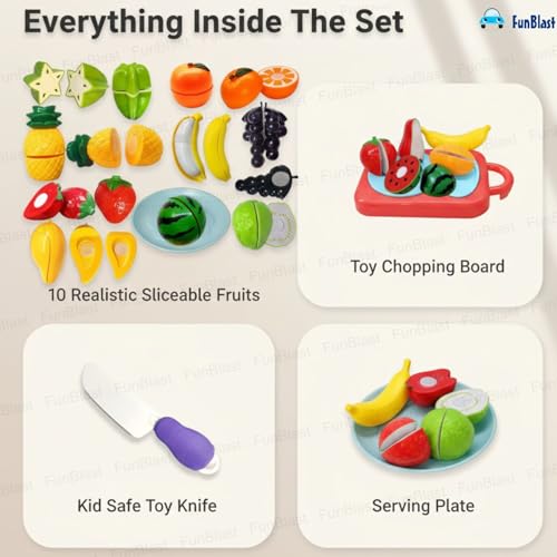 Image of FunBlast Fruits Cutting Play Set Toys for Kids - Realistic Sliceable Cutting Fruits Pretend Play Kitchen Toys for Kids, Play Food Toys, Fruit Toys with Chopping Board & Knife (Multicolor) (13 Pieces)