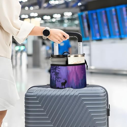 Image of Luggage Cup Holder for Suitcases Free Hands Suitcase Cup Holder Travel Luggage Drink Holder Portable Luggage Cup Caddy Bag Carrier with Handle Purple Stag Forest Trees