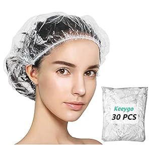 Keeygo Disposable Shower Caps 30 PCS Bath Caps Clear Waterproof Plastic Wraps for Women, Hotel Travel Essentials Accessories Hair Caps(17.3″)