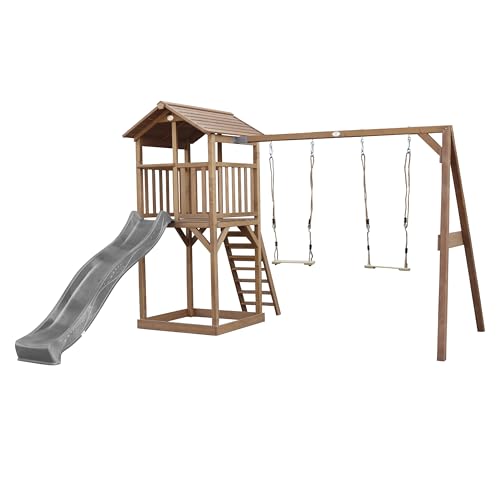 AXI Beach Tower Aire de Jeux avec Toboggan en Gris, 2 Balançoires & Bac à Sable | Grande Maison Enfant extérieur en Marron | Cabane de Jeu en Bois FSC