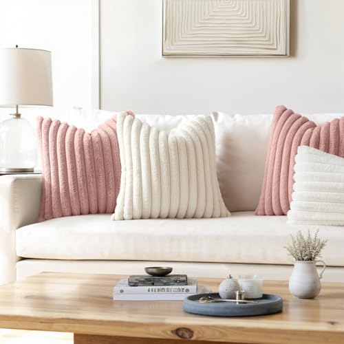 Image of MIULEE Faux Fur Decorative Throw Pillow Covers 24x24 Set of 2 Blush Pink | Modern Spring Home Decor Cute Soft Plush Couch Pillows Cozy Fluffy Cushion Covers for Sofa Bed Living Room