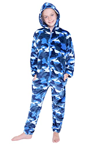 CityComfort Onesie Kinder Fleece Overall Jumpsuit Schlafanzug Jungen Mädchen Extra Weich Einteiler Ganzkörperanzug Schlafoverall Pyjama Strampelanzug 7-14 Jahre (Blau Camo, 9-10 Jahre)