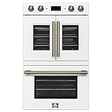 Forno Asti 30-Inch Double Electric Wall Oven with Upper French Doors in White & Antique Brass, 7.36 cu. ft. Dual True Convection, 7,200W, Air Fry, Sous Vide, Self-Clean - FBOEL1340-30WHT