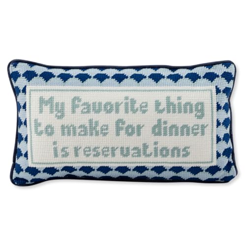 FURBISH Needlepoint Decorative Throw Pillow - with Reservations - 8 x 14 - Small Embroidered Accent Pillow for Bed Chair Couch Sofa - Eclectic Home Decor