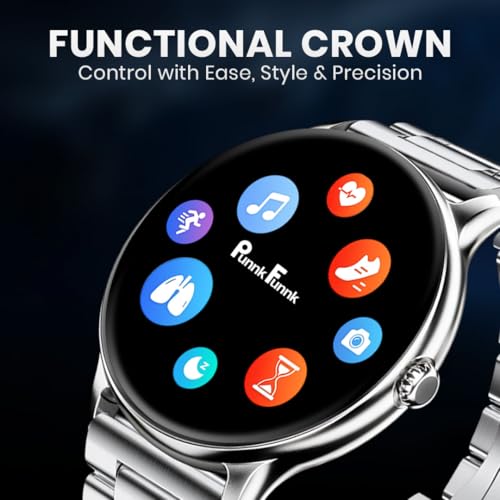 Image of PunnkFunnk Glavito Round Dial Smartwatch 1.49 inch AMOLED Display, Bluetooth Calling, Functional Crown Control, 100+ Sports Modes, IP67, Health Tracking, 100+ Watch Faces for Men & Women (Metal Silver)