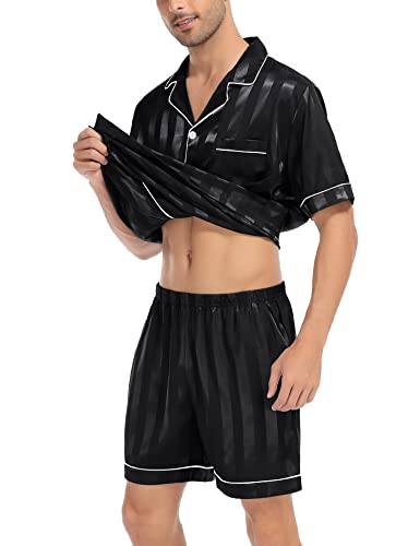 Image of SWOMOG Men Satin Silk Pajamas Sets Short Sleeve Sleepwear Button-Down PJs Sets Two-Pieces Loungewear with Pockets