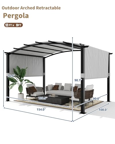 Image of KYBOLT 12x9 Ft Outdoor Arched Pergola Metal Gazebo Retractable Sun Shade for Deck Patio Garden Backyard Lawns(Gray)